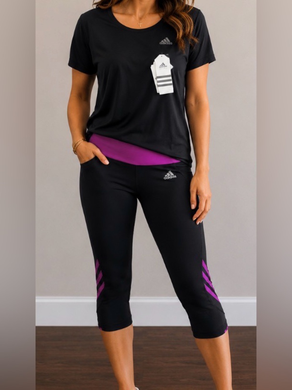 Adidas Bundle Shirt Legging Workout Pant Climalite Black Athletic Athleisure